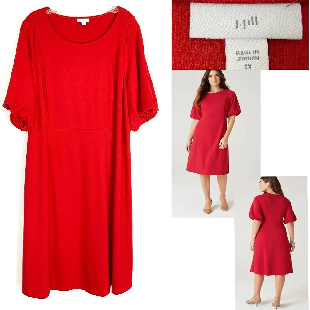 J Jill Simple Elegance Puff Sleeves Dress In Red Cherry Size 2XL - Picture 2 of 16